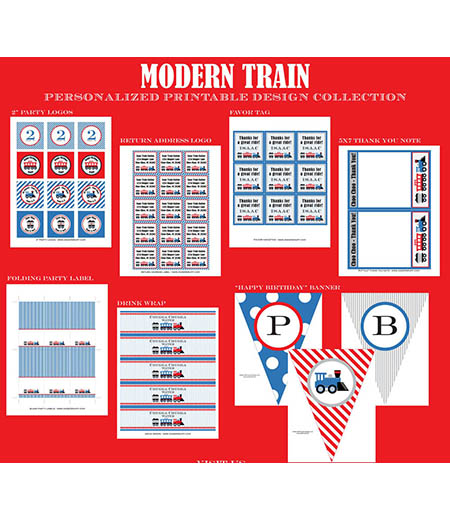 Modern Train Birthday Party Printables Collection - Red Blue